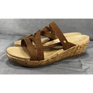 Crocs A Leigh Brown Strappy Suede Sandal Mini Wedge Cork Woman Size 8